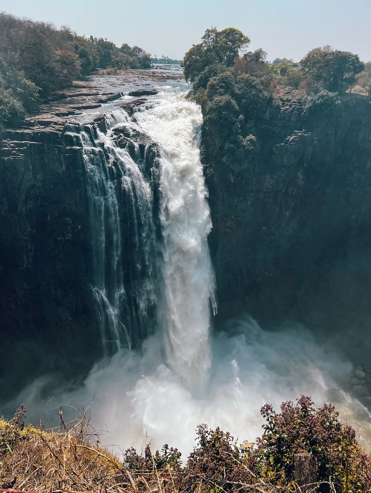 Aerial view of Devil's Pool at the edge of Victoria Falls