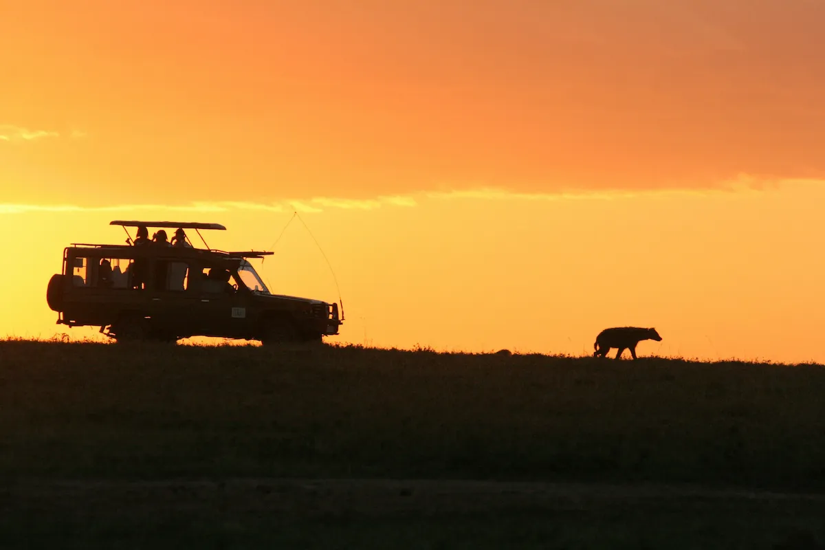 Safari vehicle silhouetted at sunset near Victoria Falls